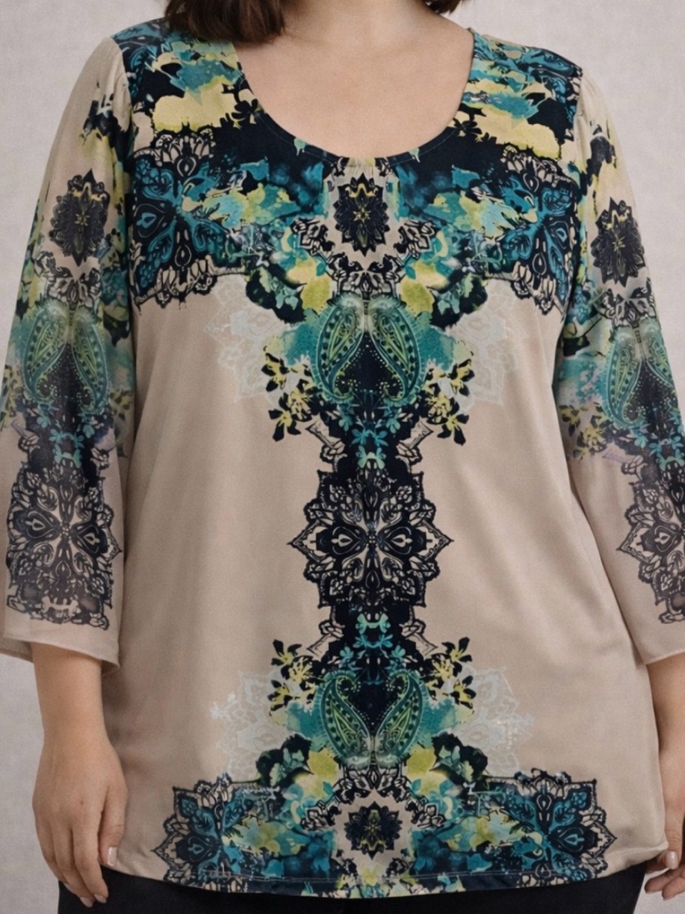 Style & Co. Beige Tunic/Mini Dress with Teal, Yellow and Black Medallion Print